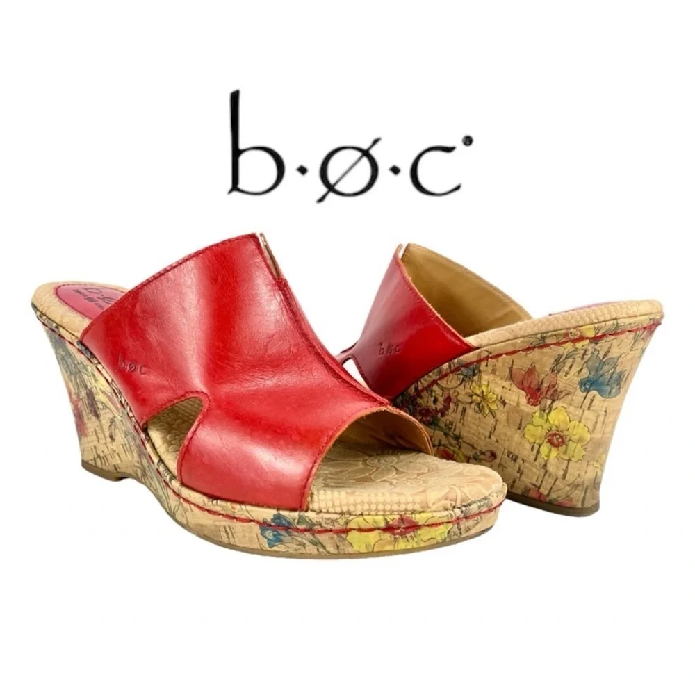 Boc Born Concepts Red‎ Floral Cork High Heel Wedges Size 6